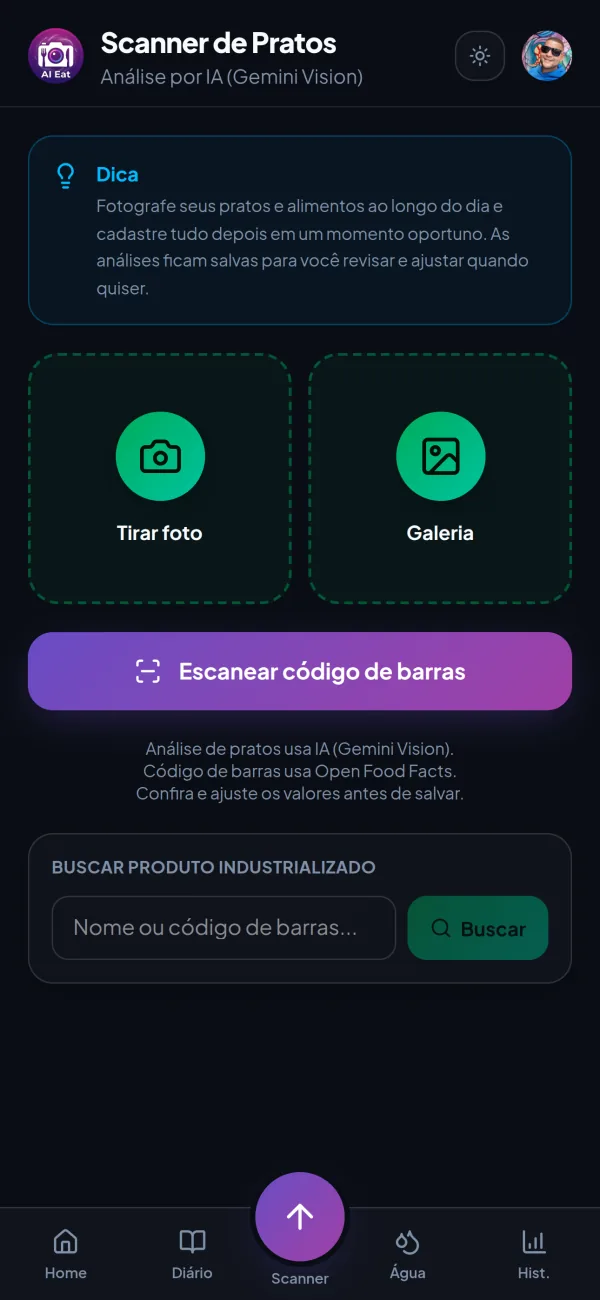 Tela real do scanner do AI-Eat com opções de foto, galeria, código de barras e busca